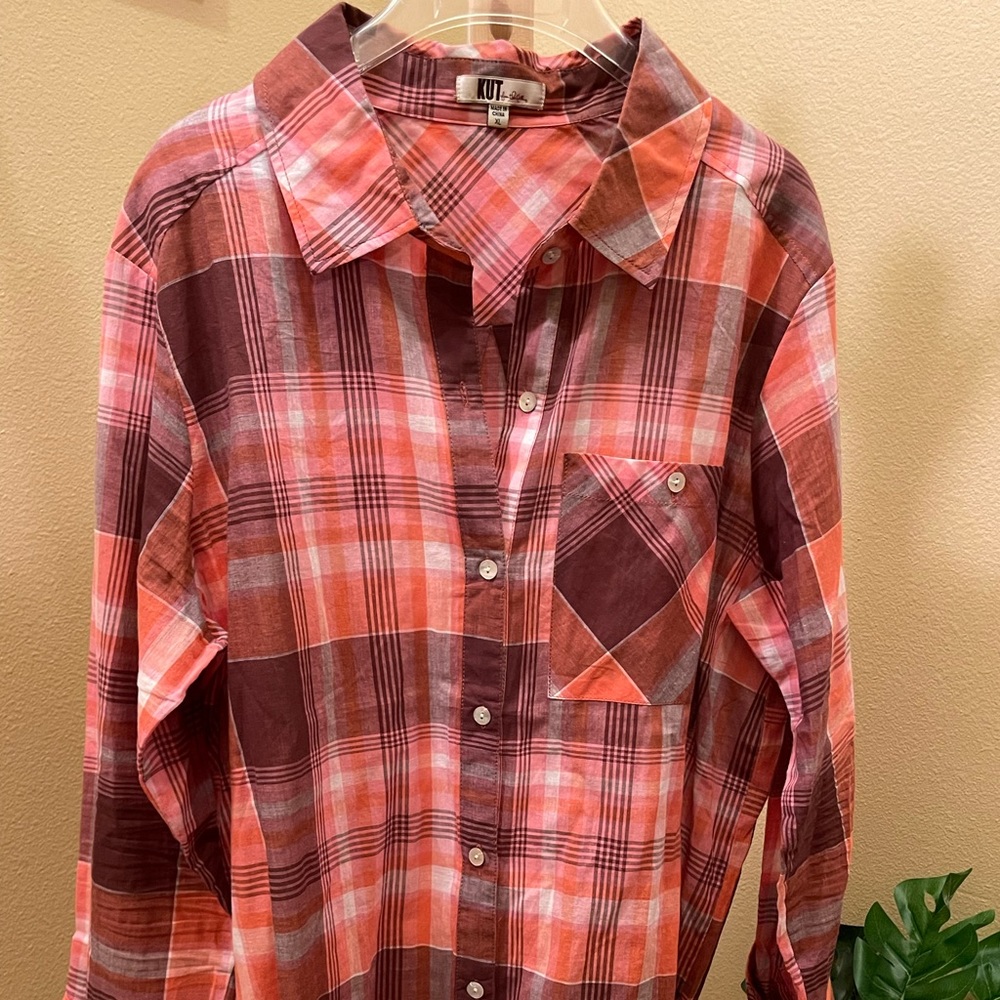 Kit size XL orange and brown plaid cotton button up shirt